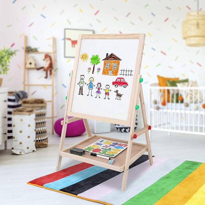 2-in-1 Easel for Kids, Height Adjustable Double Sided Art Painting Activity Easel Standing Wooden Dry Erase Board with Whiteboard Chalkboard for Toddlers Boys Girls