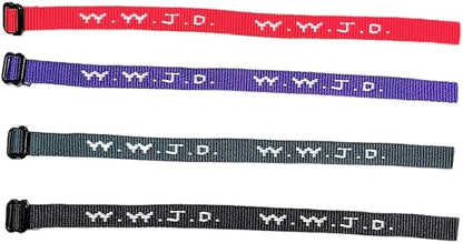 AMERICAN WIT Colorful W.W.J.D. Webbing Bracelets (48 Pack) (“What would Jesus do?”) Colors: black, army green, purple, bright red Religious Christian Wristband,