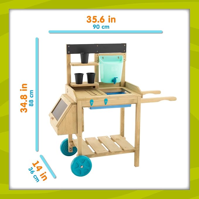 Kids Potting Bench, Outdoor Wooden Toy Toddler Gardening Table with Wheels, Sink & Faucet, Storage Shelves, Planting Pots, Durable, Weatherproof Backyard Playset for Kids Age 3+ Years