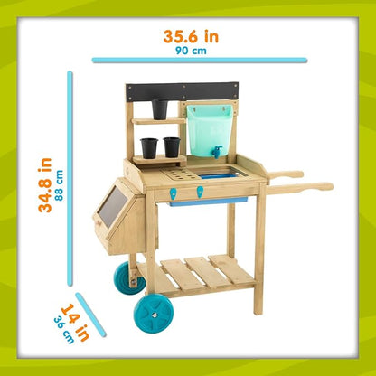 Kids Potting Bench, Outdoor Wooden Toy Toddler Gardening Table with Wheels, Sink & Faucet, Storage Shelves, Planting Pots, Durable, Weatherproof Backyard Playset for Kids Age 3+ Years