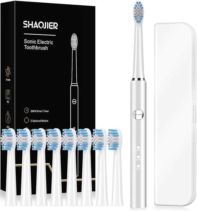 Electric Toothbrush, with 8 Replacement Brush Heads and 1 Travel Box,Sonic Toothbrush for Adults and Kids,Portable Rechargeable Toothbrush for Travel (White)
