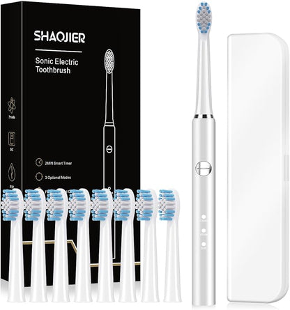 Electric Toothbrush, with 8 Replacement Brush Heads and 1 Travel Box,Sonic Toothbrush for Adults and Kids,Portable Rechargeable Toothbrush for Travel (White)