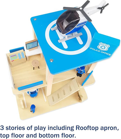 Wooden Police Station Playset Toy, Multicolor 3-Level Pretend Play Dollhouse Set with Figures, Car, Helicopter and Accessories, Preschool Learning Educational Toys for Toddlers Kids Age 3 and up