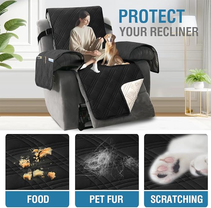 H.VERSAILTEX 100% Waterproof Couch Covers for Reclining Couches Reversible Recliner Chair Covers Furniture Protector with Elastic Straps for Pets Kids Sitting Width Up to 23" (Recliner, Black/Beige)