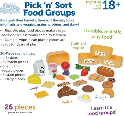 Learning Resources New Sprouts Pick ‘n’ Sort Food Groups, 26 Pieces, Ages 18 Months+, Grocery Store Pretend Play, Play Kitchen Accessories, Play Food for Toddlers