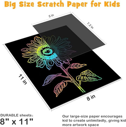 ZMLM Scratch Paper Art-Craft Kit: 11''x 8'' Big Sheets Magic Rainbow Drawing Board Kid Art Paper Pad Supply Toddler DIY Project Activity Toy Game for Teens Girls Boys Holiday Birthday Gift