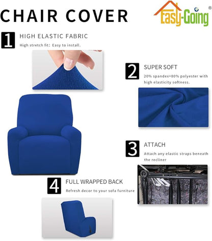 Easy-Going 4 Pieces Microfiber Stretch Recliner Slipcover – Spandex Soft Fitted Sofa Couch Cover, Washable Furniture Protector with Elastic Bottom for Kids, Pet(Recliner, Classic Blue)