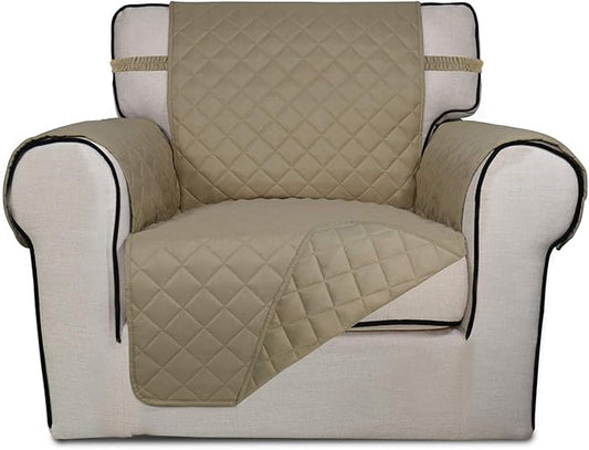 PureFit Reversible Quilted Sofa Cover, Water Resistant Slipcover Furniture Protector, Washable Couch Cover with Non Slip and Elastic Straps for Kids, Dogs, Pets (Chair, Beige/Beige)
