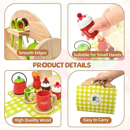 Wooden Tea Party Set for Toddler - Wooden Tea Set Pretend Role Play Kitchen Toy with Carrying Case, 3-5 Year Old Kids Girls Boys Birthday
