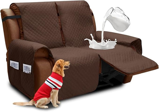 XINEAGE Water Resistant Recliner Cover, 2 seat Recliner Loveseat Covers with Pockets, Quilted Thick Recliner Protector Cover for Dog Pets with Non Slip Backing and Strap (Recliner Loveseat, Coffee)