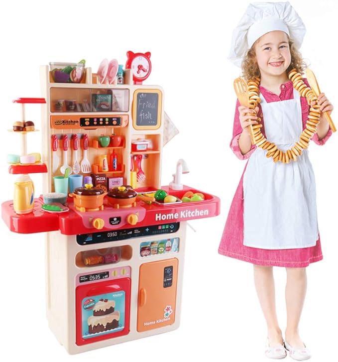 deAO My Happy Little Chef Kitchen 80 Pieces Pretend Play Set with Multi-Functional Button Panel, Light, Sound, Real Steam Functions and Colour Changing Accessories Included(Pink)
