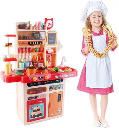 deAO My Happy Little Chef Kitchen 80 Pieces Pretend Play Set with Multi-Functional Button Panel, Light, Sound, Real Steam Functions and Colour Changing Accessories Included(Pink)