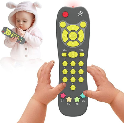 Baby Remote Toy, Toddlers TV Remote Control Toy Kids Realistic Play Remote Early Educational Baby Musical Toys with Light and Sound English French Spanish for Proshool Boys Girls 6 Month+, Gray