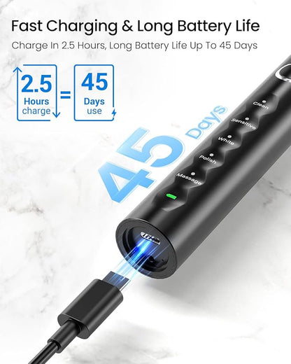 Rtauys S5 Sweeping Electric Toothbrush - Rechargeable Electric Toothbrushes with 8 Heads, Power Electric Toothbrush with Holder, 2.5 Hours Charge for 45 Days Battery Life - Black