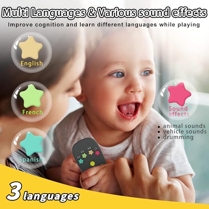 Baby Remote Toy, Toddlers TV Remote Control Toy Kids Realistic Play Remote Early Educational Baby Musical Toys with Light and Sound English French Spanish for Proshool Boys Girls 6 Month+, Gray