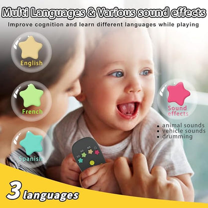 Baby Remote Toy, Toddlers TV Remote Control Toy Kids Realistic Play Remote Early Educational Baby Musical Toys with Light and Sound English French Spanish for Proshool Boys Girls 6 Month+, Gray