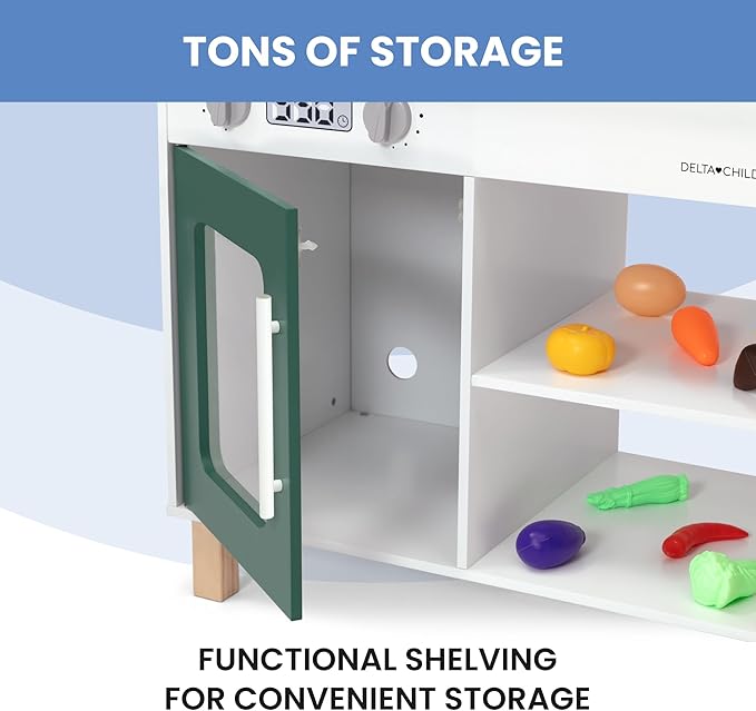 Delta Children Tiny Chef Play Kitchen - Toy Kitchen Playset with Realistic Knobs That Turn/Click, Oven, Sink, Microwave and 15 Pieces of Play Food, Green