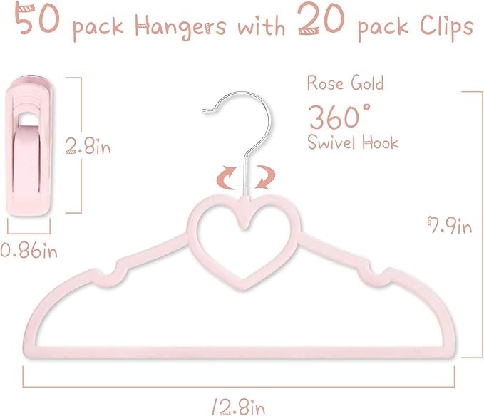 Kids Pink Velvet Clips Hangers - 13inch 50 Pack Baby Hanger with 20pcs Movable Clips, Stackable Non-Slip Heart Flocked Hangers Fit for Children and Toddler, Heavy-Duty and Space-Saving(Silver)