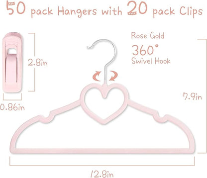 Kids Pink Velvet Clips Hangers - 13inch 50 Pack Baby Hanger with 20pcs Movable Clips, Stackable Non-Slip Heart Flocked Hangers Fit for Children and Toddler, Heavy-Duty and Space-Saving(Silver)