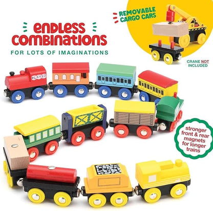 Wooden Train Set 12 PCS - Train Toys Magnetic Set Includes 3 Engines - Toy Train Sets For Kids Toddler Boys And Girls - Compatible With All Major Brands - Original - By Play22