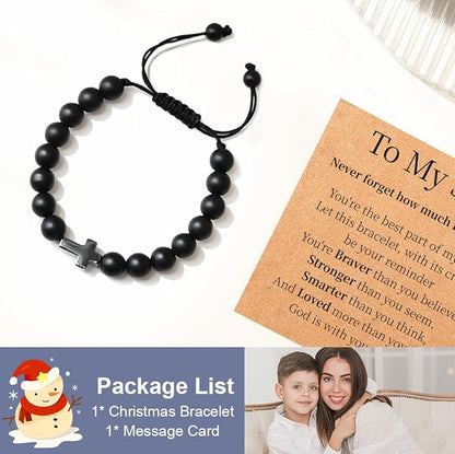 Lamyba Easter Gifts for Kids/Teens/Girls, Christian Natural Stone Beaded Bracelets, Easter Basket Stuffers Essentials, Adjustable Cross Bracelets, Blue/Black