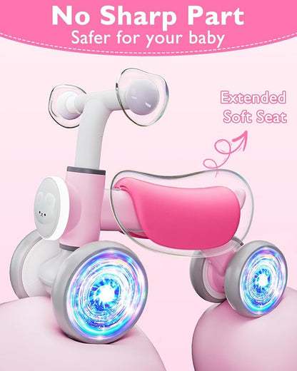 Toddler Toys Balance Bike for 1 Year Old Girl Gifts,4 Wheels Colorful Lighting with Music Baby First Bike,Toddler Girl Toys Balance Bike for 1st 2 Year Old Birthday Gifts