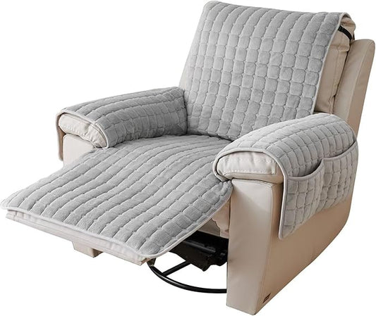 Plush Recliner Slipcover 23 Inches Washable Chair Covers Artificial Wool Lazy Boy Cover Quilted Cover for Recliner Chairs and Furniture,Large Taupe Chair Protector with Side Pocket for Kids/Pets