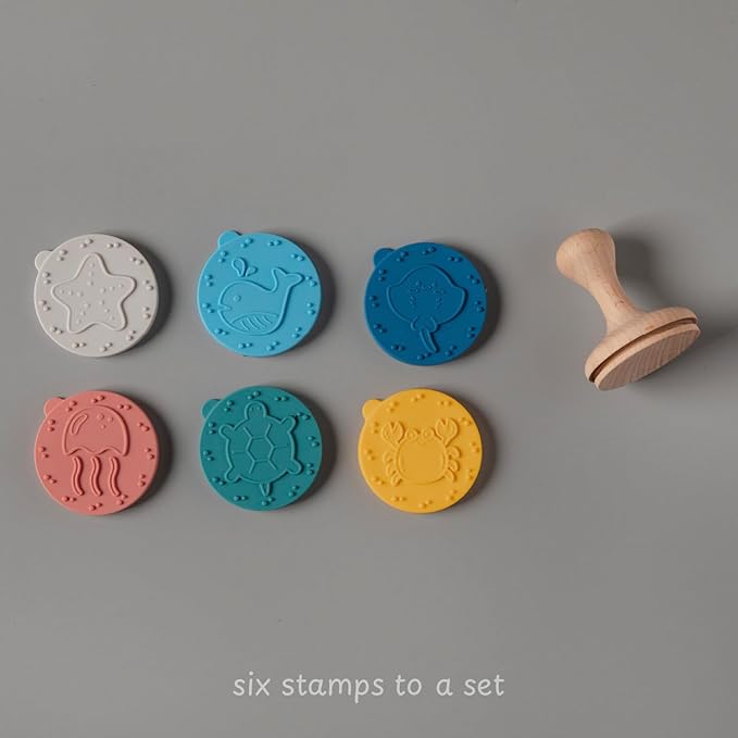 Ocean Adventures Rubber Stamp with Wood Handle, 6 Interchangeable Ocean Animals Silicon Stamps and 1 Sturdy Handle, Fun Kids Craft Supplies and Art Supplies, Arts and Crafts for Kids 4-6 and Families
