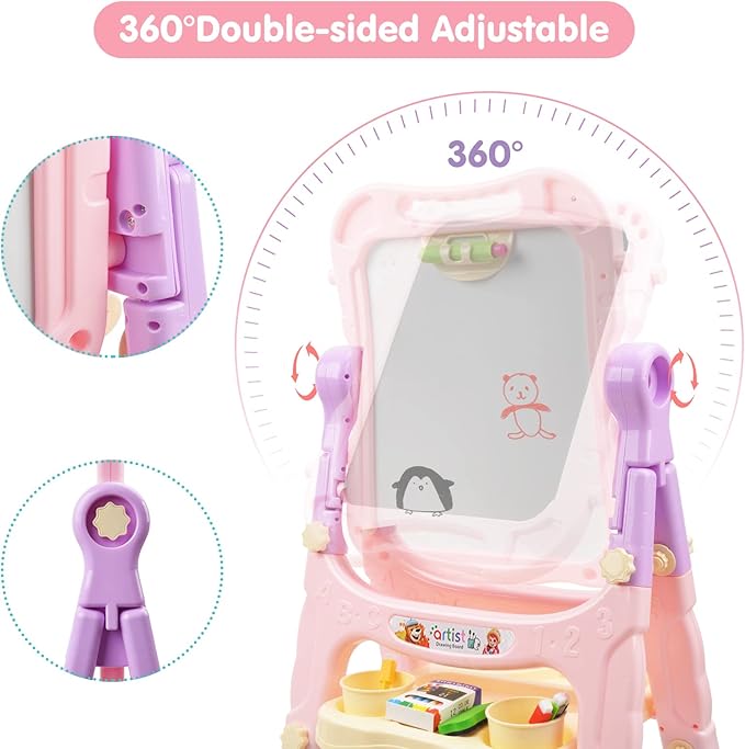 Amagoing Easel for Kids, Adjustable Standing Art Easel for Toddler, Double Magnetic Drawing Board with Painting Accessories, Birthday Christmas Gift for Little Boys and Girls, Middle Size Pink