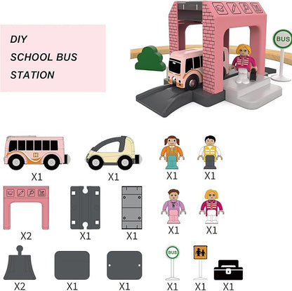 School Bus Station Toy for Wooden Train Track, DIY Extend Station Playset for Railroad Train Track,Preschool Learning Educational Toys for Toddlers Kids Age 3 and up