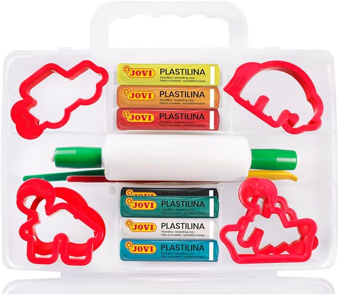 Jovi Plastilina Reusable and Non-Drying Modeling Clay Combo Pack with Carrying Case, 8 Bars of .88oz Clay, 12 Clay molds, 3 Clay Tools, Plus Clay Rolling pin