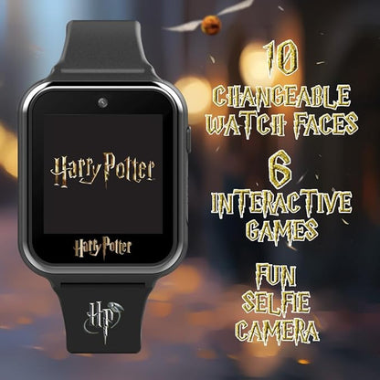Accutime Kids Harry Potter Educational Learning Touchscreen Black Smart Watch Toy with Black Strap for Girls, Boys, Toddlers - Selfie Cam, Games, Alarm, Calculator, Pedometer (Model: HP4096AZ)