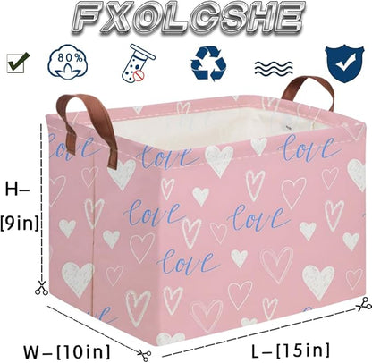 Rectangular Pink Valentine's Day Gift Basket,nursery basket,Pink girls gift baskets,kids toy storage Bin, Love Heart Room Decor for Home,Shelf Baskets(Blue pink heart)