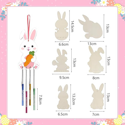 Fennoral 24 Pack Bunny Wind Chime Kit for Kids Make You Own Easter Rabbit Wind Chimes DIY Coloring Wooden Easter Craft for Girls Boys for Easter Hanging Ornaments Easter Party Decoration