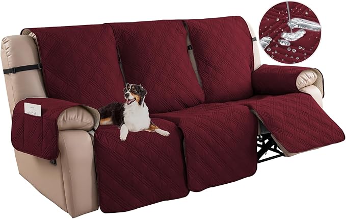 Easehomey Waterproof Recliner Sofa Cover,Non-Slip Reclining Sofa Covers for 3 Seat,Washable Reclining Sofa Cover Furniture Protector with Elastic Straps Pocket for Kids, Pets(Wine Red,3Seat)