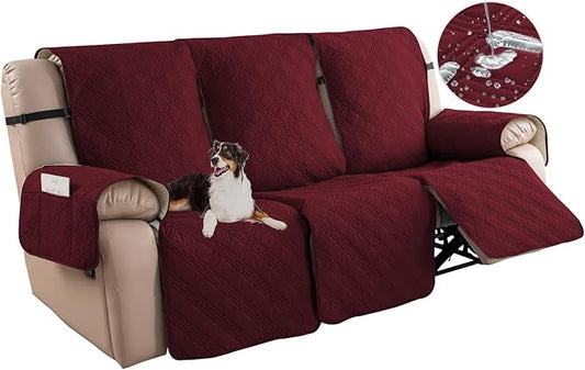 Easehomey Waterproof Recliner Sofa Cover,Non-Slip Reclining Sofa Covers for 3 Seat,Washable Reclining Sofa Cover Furniture Protector with Elastic Straps Pocket for Kids, Pets(Wine Red,3Seat)