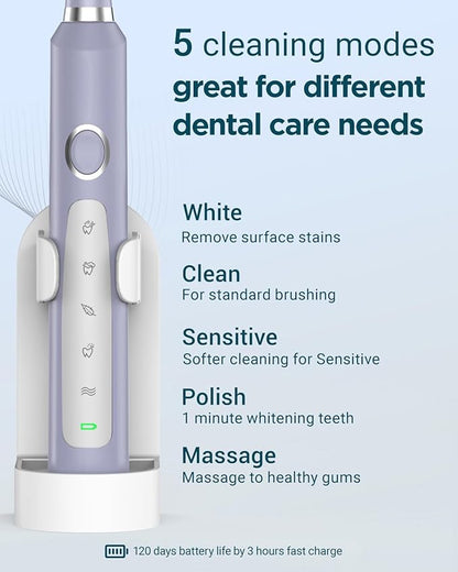 Rtauys M5 Sonic Electric Toothbrush for Adults and Kids - Rechargeable Electric Toothbrush Kids Ages 12+ and Adults with 8 Brush Heads & Travel Case, 120 Days Battery Life - Light Purple