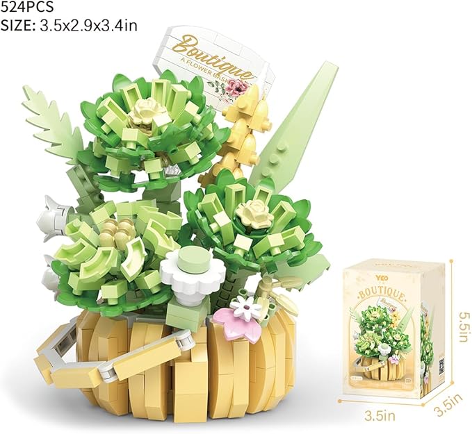 Flowers Succulents 3.6In Building Toy Set, 524 Pcs Botanical Collection for Office Home Decoration Flower Plant Building Blocks Toy, As a Adults, Kids, Girls Idea Gifts