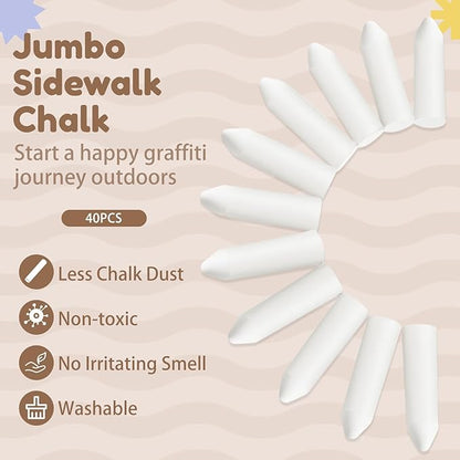Fulmoon 40 Pcs Jumbo Sidewalk Chalk for Kids Outdoor Art Non Toxic Large Washable Street Chalk for Adults Drawing Painting Graffiti Classroom(White,Sharp Style)