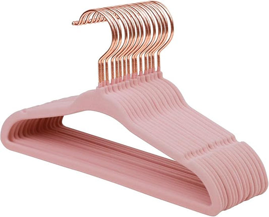 ManGotree Baby Velvet Hangers with 360° Swivel Rose Gold Hook, 10.95" Non-Slip Toddler Hangers, Ultra Thin Space Saving Infant Hangers for Kids Clothes, 15 Pack (Light Pink)