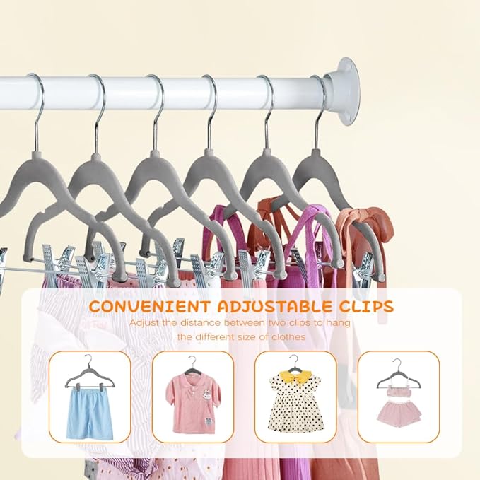 Stormix Baby Hangers, 24 Pack Pants Hangers with Clips, Non-Slip Clothes Hangers, Heavy-Duty Kids Hangers for Shirts, Pants, Skirts, Dresses, Jackets, Coat (Gray)