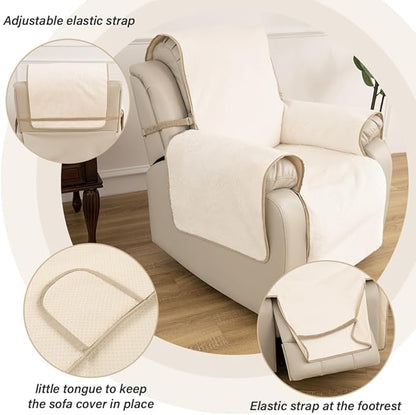 RBSC Home Waterproof Faux Fur Recliner Covers - Ivory Antislip Recliner Chair Slipcover Faux Rabbit Plush Furniture Protector with Elastic Straps for Kids, Dogs, Pets