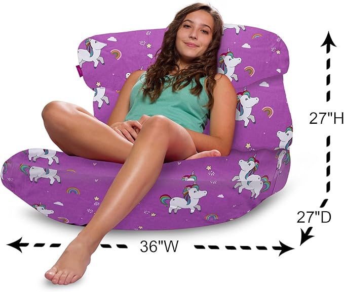 Posh Creations Bean Bag Chair Lounger Structured Seat for Kids, Teens and Adults, Comfy Chair for Gaming, Reading and Watching TV, Laguna Lounger, Canvas - Unicorn and Rainbows on Purple