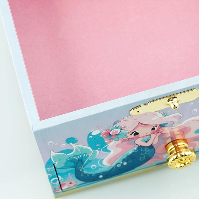 RR ROUND RICH DESIGN Kids Musical Jewelry Box for Girls Include Drawer and Pretty Jewelry Set with Cute Mermaid Theme - Beautiful Dream Tune Blue