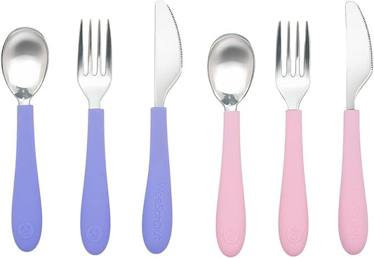 Kids Stainless Steel Utensils Set - Premium 18/8 Grade Silverware Kit - 2 Spoons, 2 Forks, and 2 Knives for Ages 4-7 - Silicone Easy-Grip Handles - Children Flatware Cutlery (Bright - Purple, Pink)