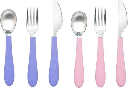 Kids Stainless Steel Utensils Set - Premium 18/8 Grade Silverware Kit - 2 Spoons, 2 Forks, and 2 Knives for Ages 4-7 - Silicone Easy-Grip Handles - Children Flatware Cutlery (Bright - Purple, Pink)
