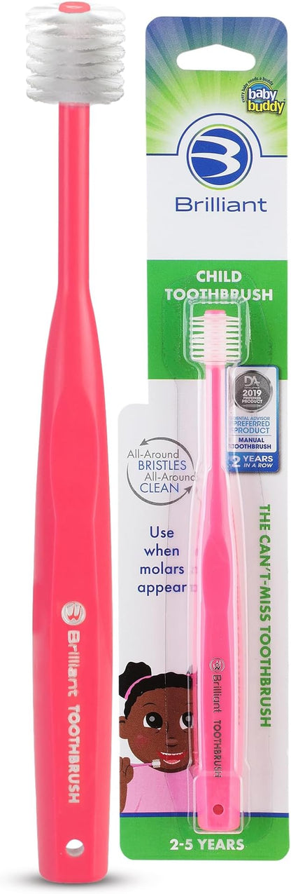 Brilliant Oral Care Child Toothbrush with Soft Bristles and Round Head, for a Kid Approved, Easy to Use All-Around Clean Mouth, Ages 2-5 Years, Pink, 1 Pack