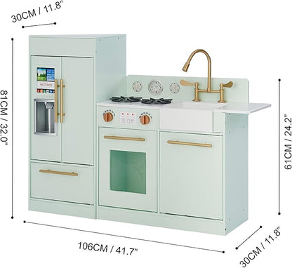 Teamson Kids Little Chef Charlotte Kids Play Kitchen, Wooden Kitchen Playset for Toddlers with Accessories, Pretend Ice Maker, Modular Design, & Storage Space, Mint/Gold, Gift for Ages 3+
