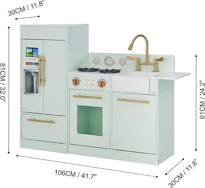 Teamson Kids Little Chef Charlotte Kids Play Kitchen, Wooden Kitchen Playset for Toddlers with Accessories, Pretend Ice Maker, Modular Design, & Storage Space, Mint/Gold, Gift for Ages 3+