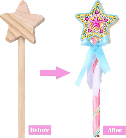BBTO 24 Pieces Make Your Own Princess Wand Kit Include 2 Wooden Star Wands, 2 Dowels, 4 Satin Ribbons, 2 Gem Stickers, 6 Paints, 2 Paintbrushes, 6 Glitter Glues Pens Fairy Wand Art Craft Kit for Girl